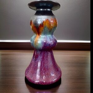 Vintage Chinese Flambe Glaze Pottery Pillar Candle Holder Purple Blue Amber 10.5
